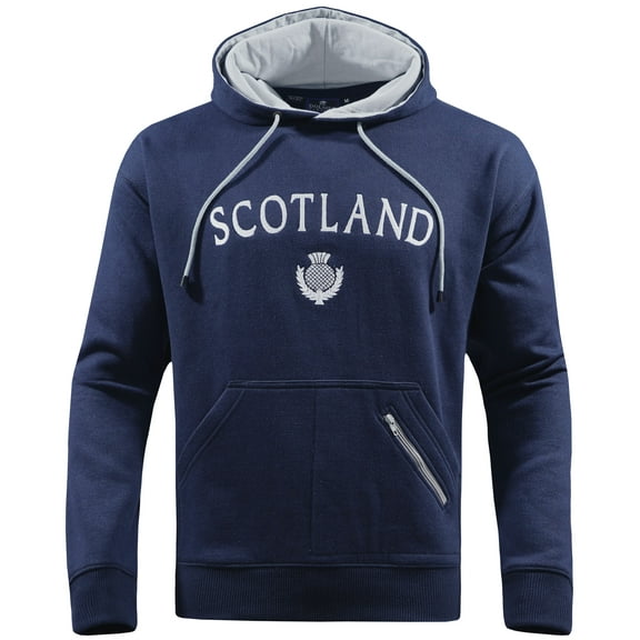 Scotland Hoody Zip Pocket Men Sweatshirt Thistle Embroidered, Navy