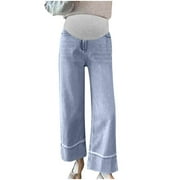 CAIJUNJIA Womens Maternity Denim Pants Stretchy Waist Wide Leg Baggy Pregnancy Jeans with Pockets