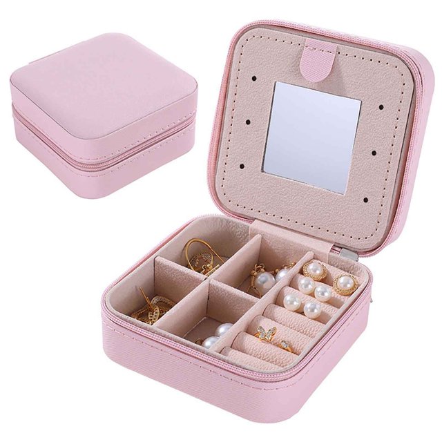 Almacenamiento De Joyas Joyero portátil con espejo, estuche de viaje para anillos, collares y pendientes, 10x10x5 cm, rosa, 1 unidad Rkxzt