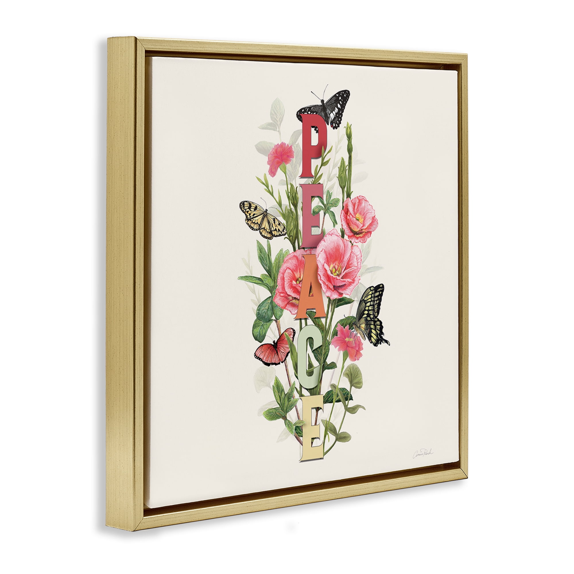 Stupell Industries Peace with Butterflies Botanical & Floral Painting Gold Floater Framed Canvas Art Print Wall Art, 25 x 25