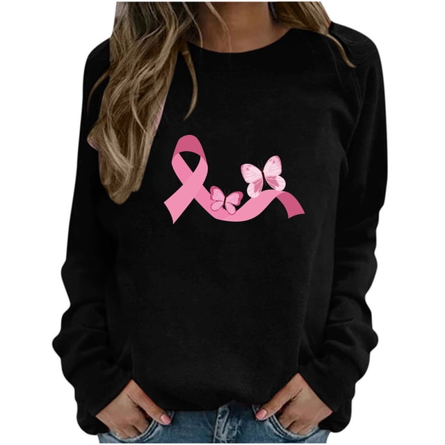 Meichang Women Pink Ribbon T-Shirts Long Sleeve Round Neck Lounge Sweatshirts Pink Ribbon Graphic Pullover In October Shirts Sweaters