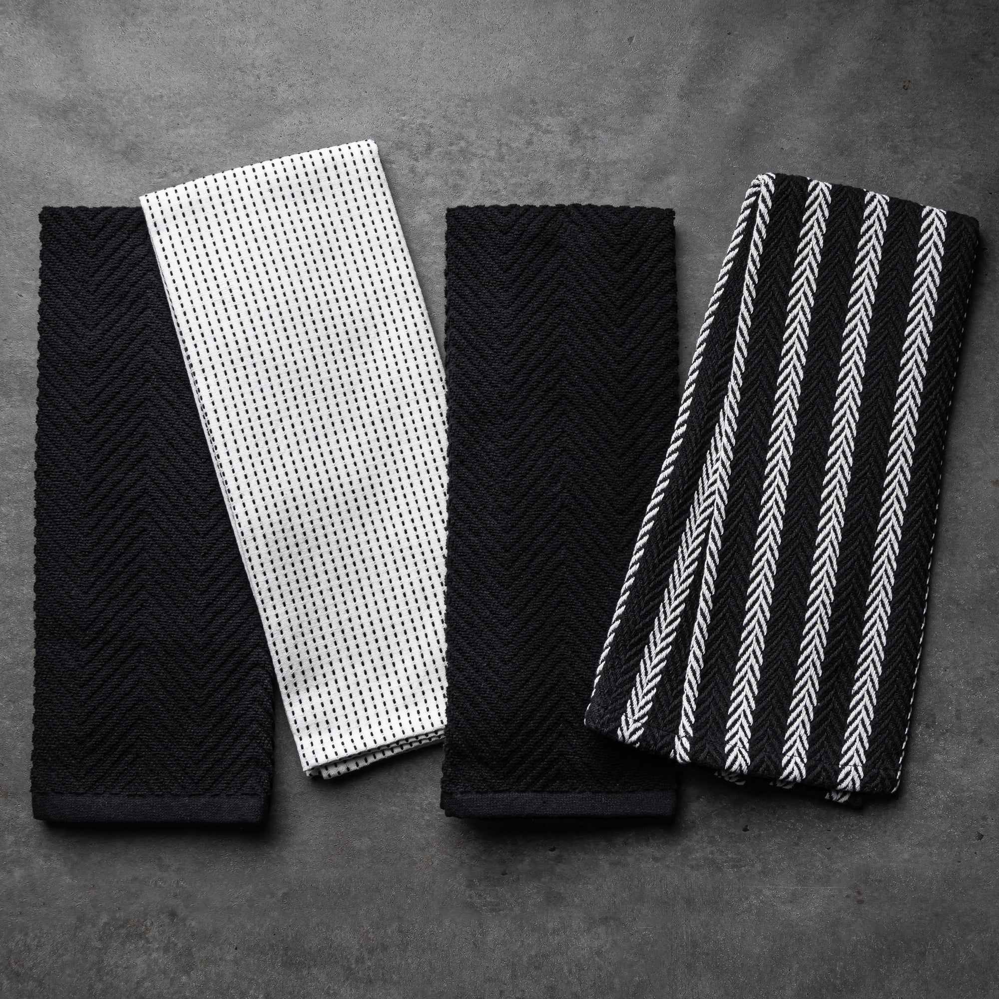 Thyme & Table Kitchen Towels, White and Black, 4 Pack Set