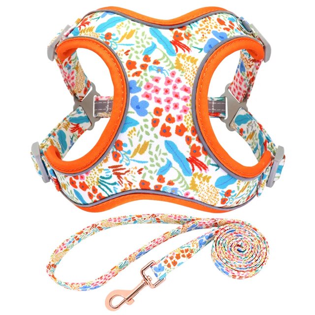 Flower Print Dog Harness Leash Reflective Pet Puppy Harness Vest Leash Adjustable for Small Medium Large Dogs Chihuahua Bulldog ShopWise Round
