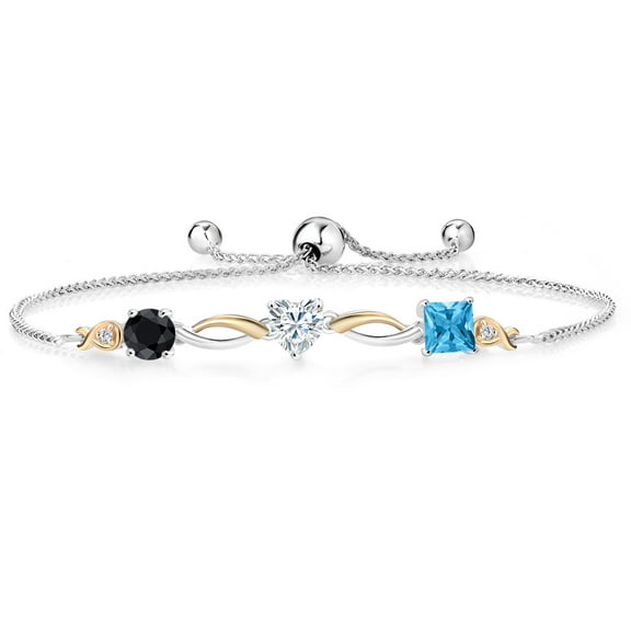 Gem Stone King 925 Silver and 10K Yellow Gold Black Sapphire Moissanite Swiss Blue Topaz and Lab Grown Diamond Tennis Bracelet for Women By Keren Hanan (2.29 cttw, Adjustable up To 9 inch)