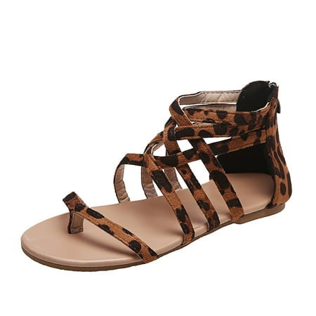 

Sehao Leisure Roman Style Women s Leopard Print Summer Non Slip Zipper Flat Beach Open Toe Breathable Sandals Shoes Flock Brown