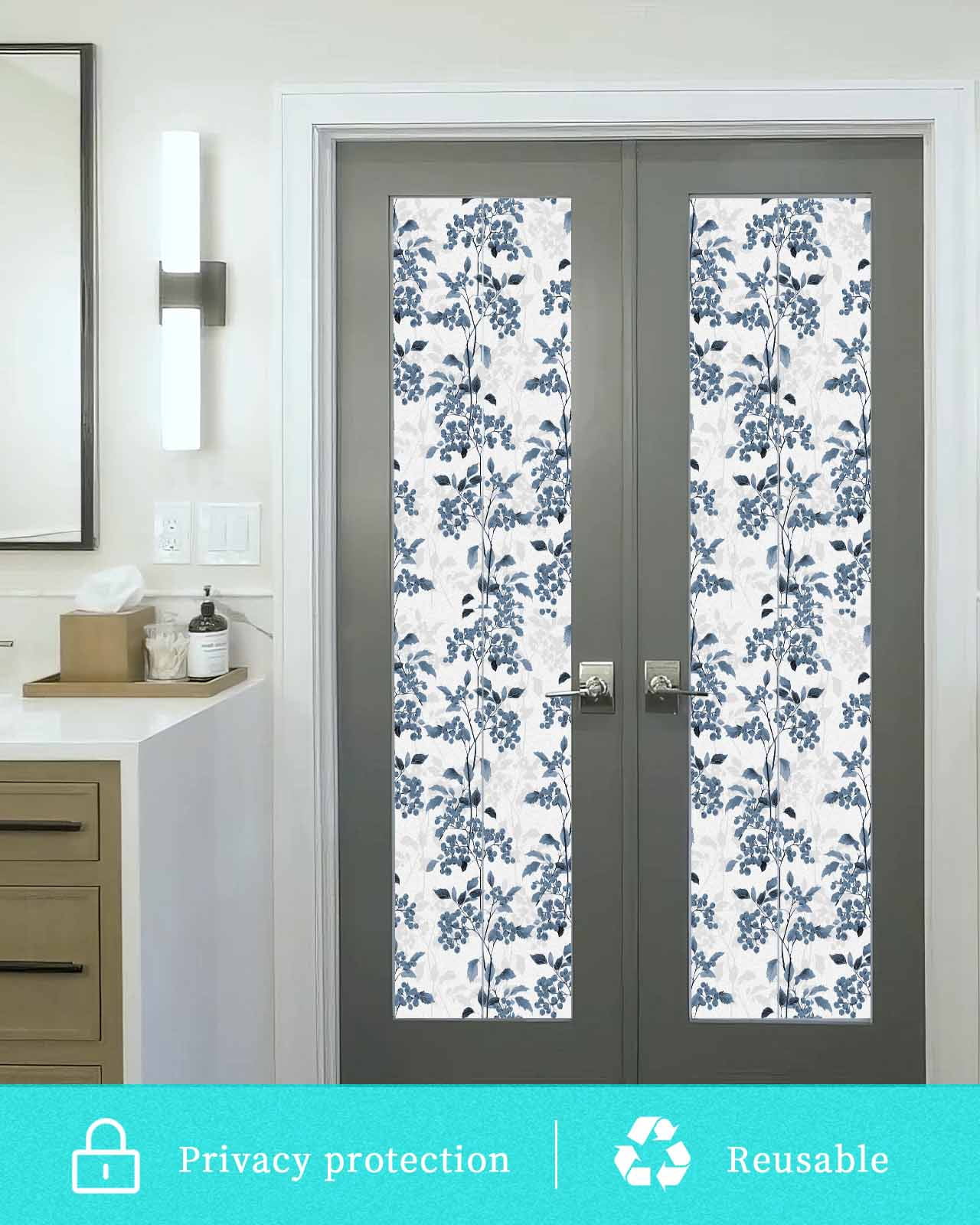 Window Privacy Film Blue Botanical Stained Glass Window Film Decorative Sun Block Window Cover Vintage Nature Flower Floral Window Clings Static Adhesive Sticker for Bathroom 29.5"x118"