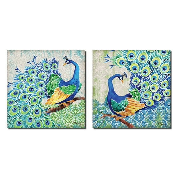 Modern Blue and Green Peacock Adult Decor; 2 - 12" x 12" Unframed Posters