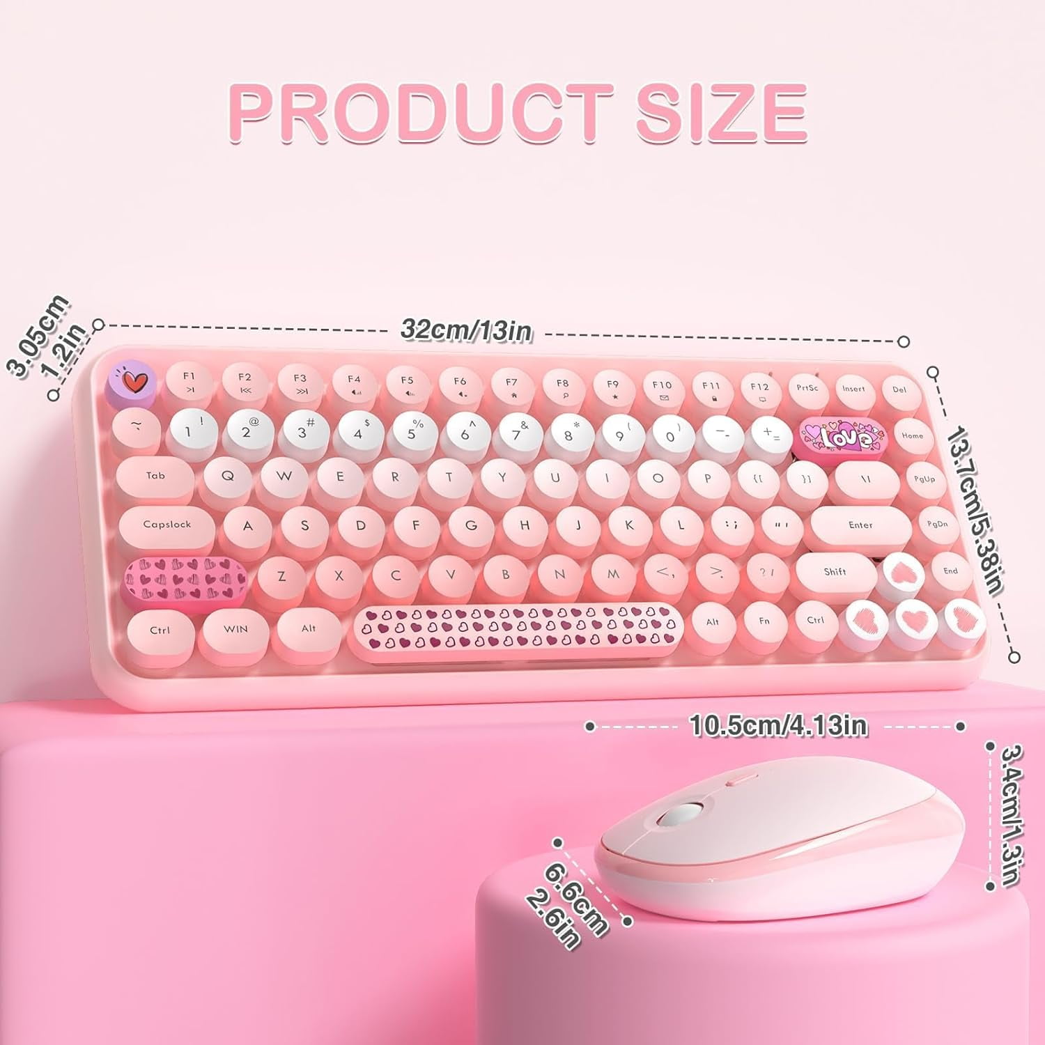 AJAZZ 308i Color Gradient Wireless Keyboard and Mouse Set, Retro Typewriter Keyboard with Cute Theme Round Keycaps for Mac/Windows/PC/Laptop-Pink set