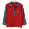 thumbnail image 6 of Women's Waffle Knit Denim Trim Collared Pullover Vintage Half Button Long Sleeve Casual Jean Tops, #02 Deep Red, S, 6 of 7