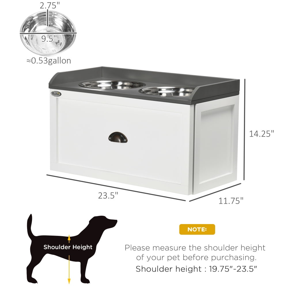 White Elevated Dog Feeding Station with Storage & 2 Bowls