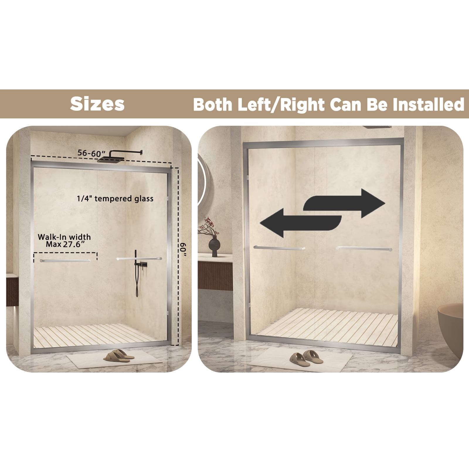 TrumanPick Double Sliding Door 56-60 "W x 60"H, Shower Door with 1/4'' (6 mm) Easy Clean Tempered Glass, Brushed Nickel