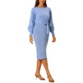 thumbnail image 4 of INSPIRE CHIC Robe pour Femme en Tricot à Col Rond Manches Lanterne 3/4 Ceinturée Ourlet Plissé Robes TG Bleu Brume, 4 of 6