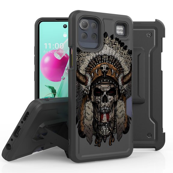 ANJ  Rugged Hybrid Shockproof Case w/Kickstand   Holster Clip Card Slot Cover for LG K92 5G - Skull Chief 3