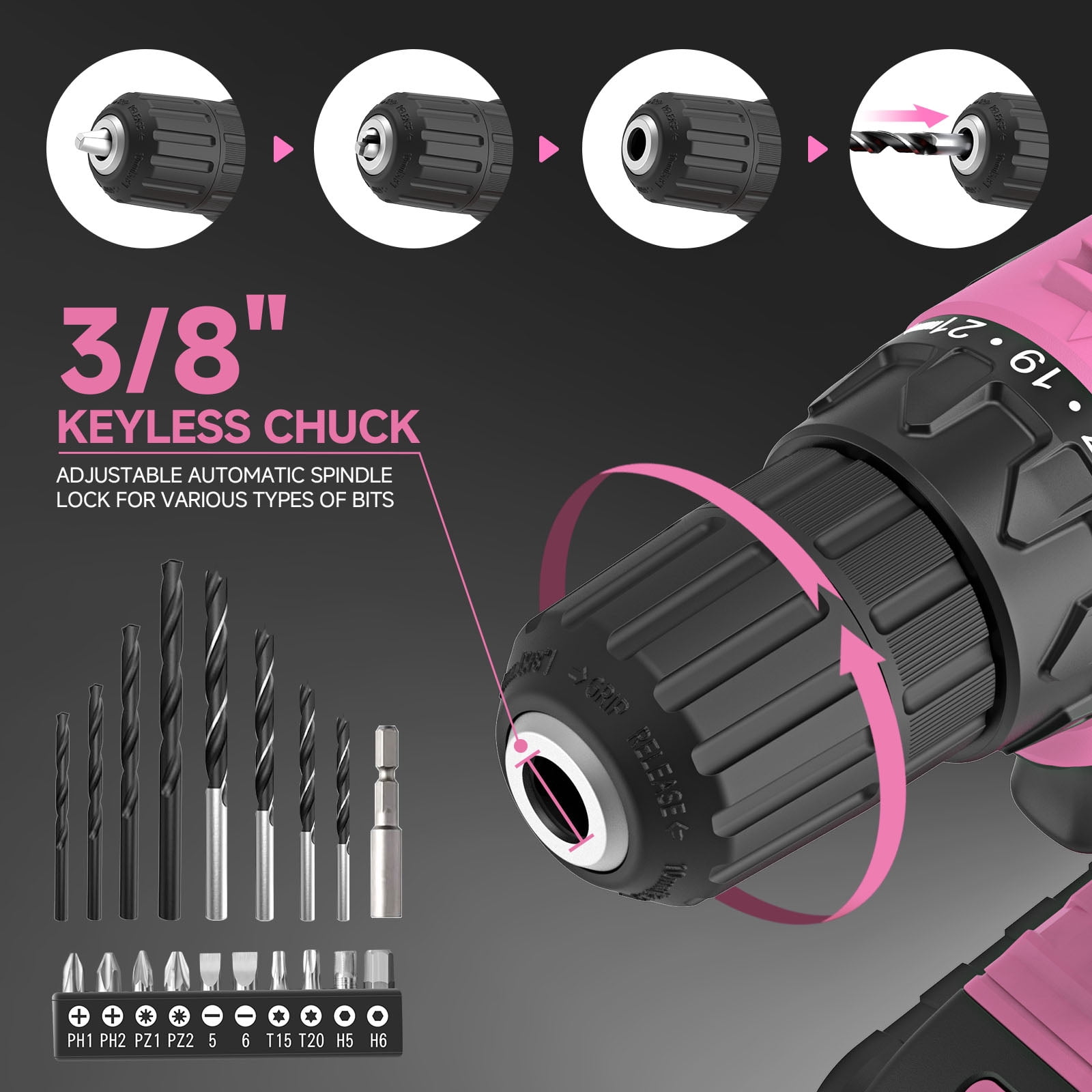 20V MAX Cordless Drill Set with Battery & Charger, 280 in-lbs Power Drill Kit, 2-Speed (0-1400 RPM), 21+1 Torque, 3/8" Keyless Chuck, 30pc Drill/Driver Bits, LED Light for Wood/Metal/Concrete(Pink)