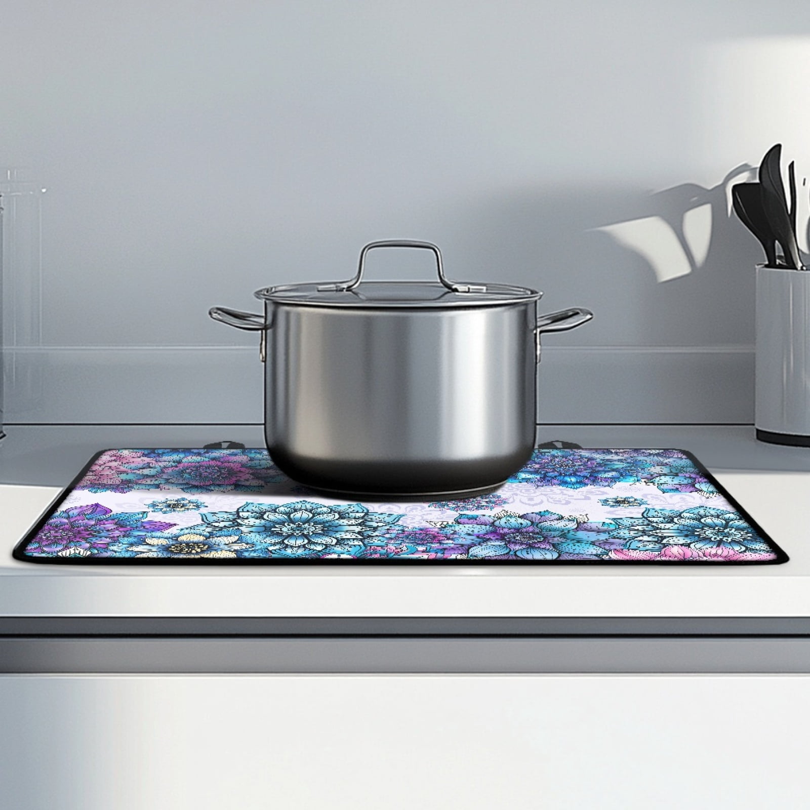 Renewold Glass Top Stove Cover Electric Stove Mat Foldable Non-slip Cooktop Mat Multipurpose Washer Dryer Top Protector Range Cover for Kitchen Counter, Bohemian Flower Blue