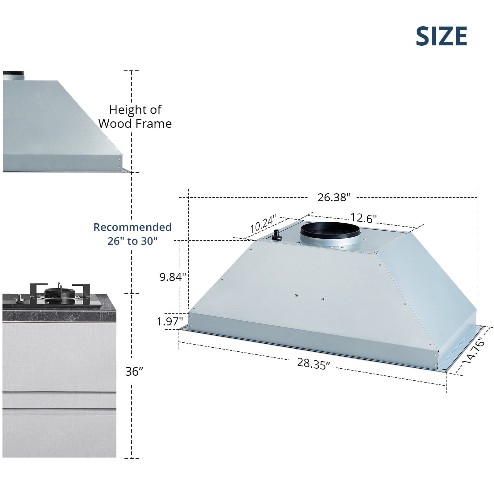 Aoile Built-in Range Hood 30-inch, 400 CFM Kitchen Insert Stove Hood with 3 Speed Exhaust Fan