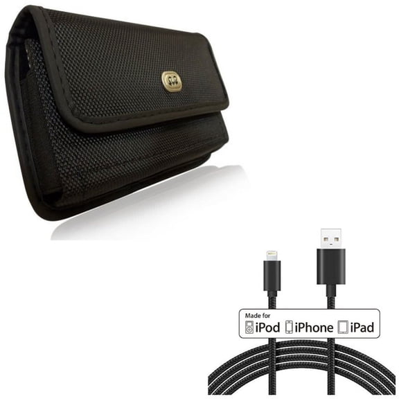 10ft MFi USB Cable w Rugged Case Belt Clip for iPhone XS Max/8 PLUS/7 Plus/6S Plus/6 Plus - Certified Charger Cord Power Wire Braided and Holster Canvas Cover Pouch Carry