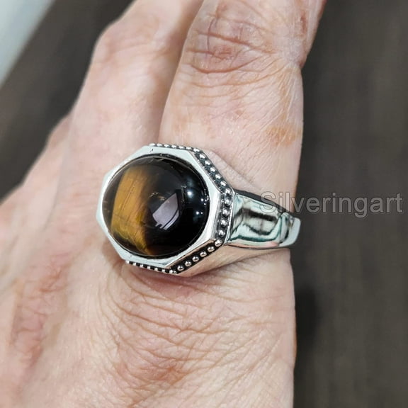 Tiger Eye Ring, Natural Tiger's Eye, June Birthstone Tiger Ring, Silver Jewelry, 925 Silver Ring, Birthday Gift, Heavy Mens Ring, Healing Gemstone, Mans Designer Ring, Christmas, Mens Signet Ring
