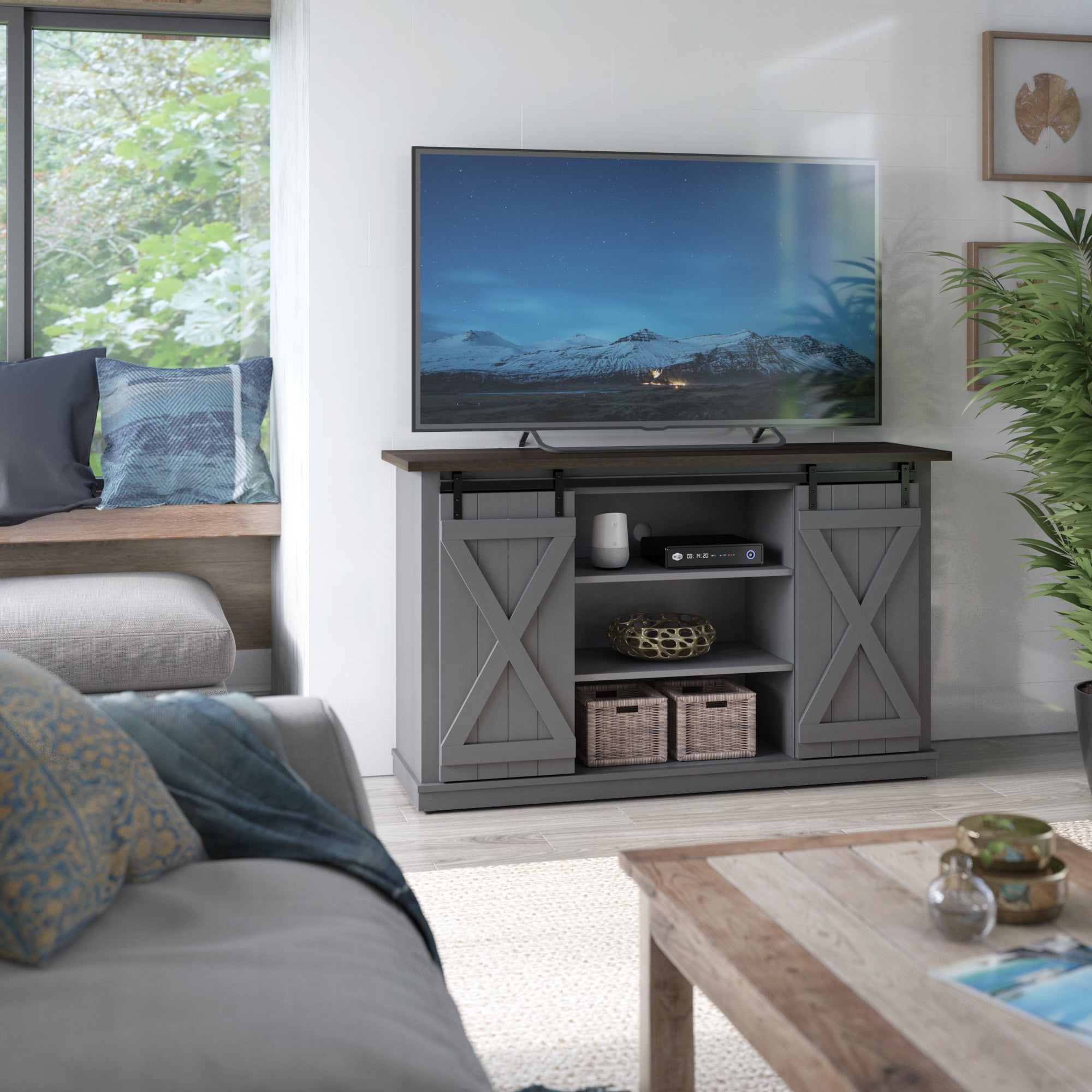 Twin Star Home Terryville Barn Door TV Stand for TVs up to 60", Dark Gray