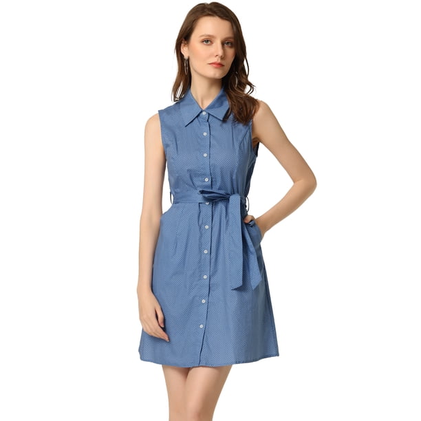 Vestido Camisero Sin Mangas Con Cinturón Y Lunares Para Mujer Azul L