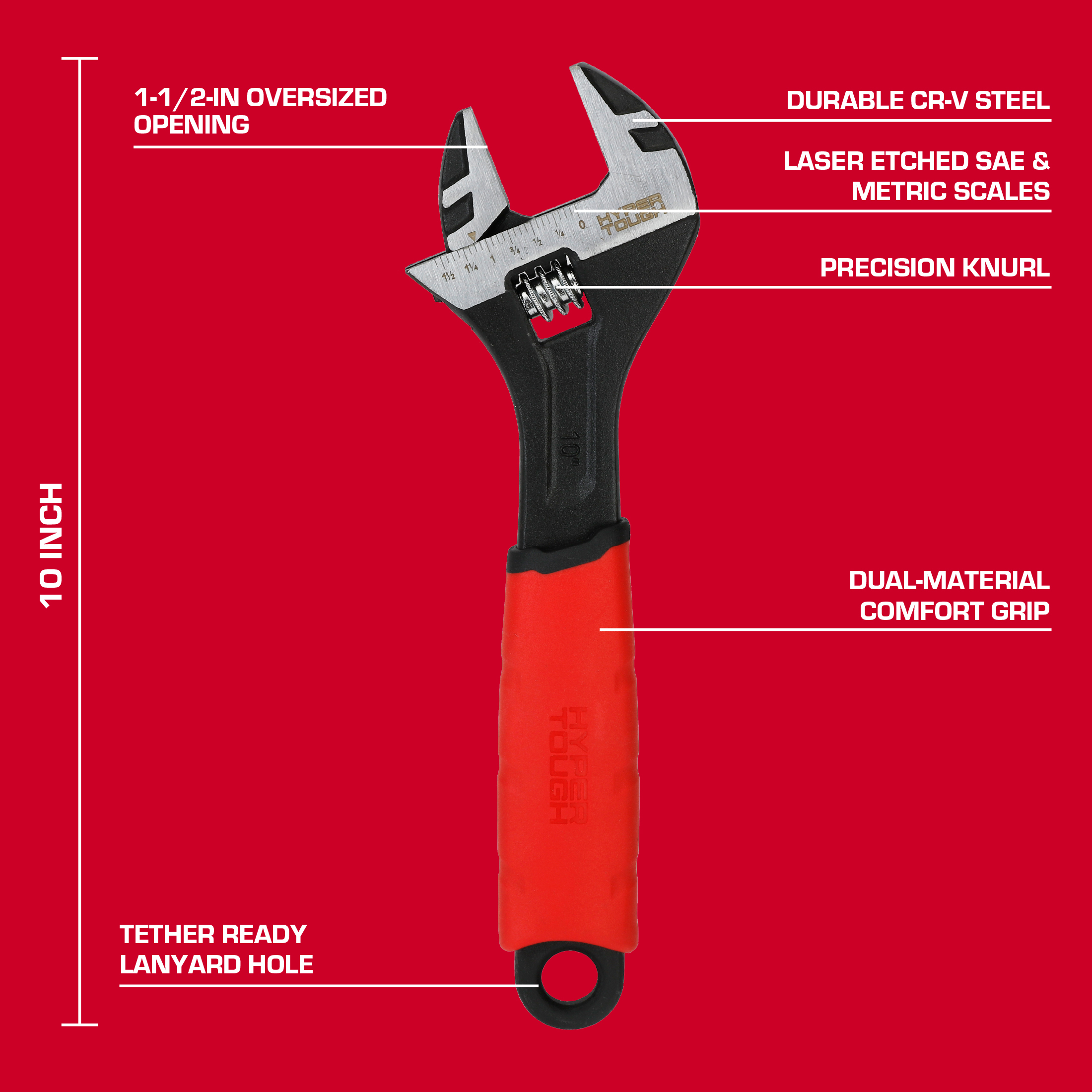 Llave Ajustable de Mandíbula Ancha de 10 Pulgadas Hyper Tough, Empuñaduras de Confort de Doble Material 3