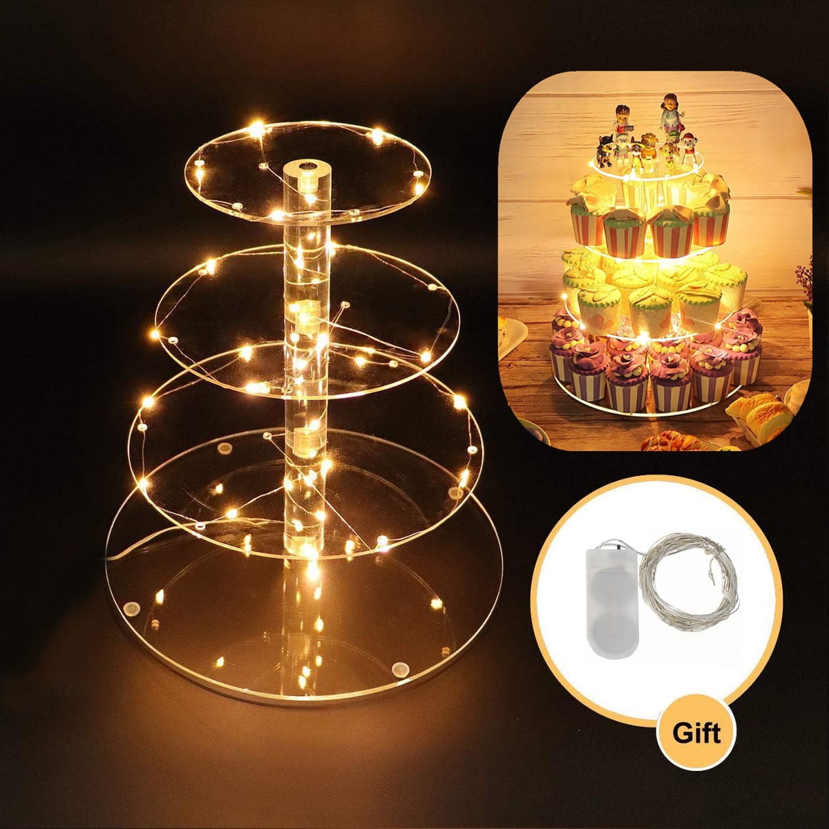 Birthday Ogrmar 4 Tier Acrylic Cupcake Display Stand with LED String Lights Square Dessert Tree Tower for Party Holidays Wedding Buffets 