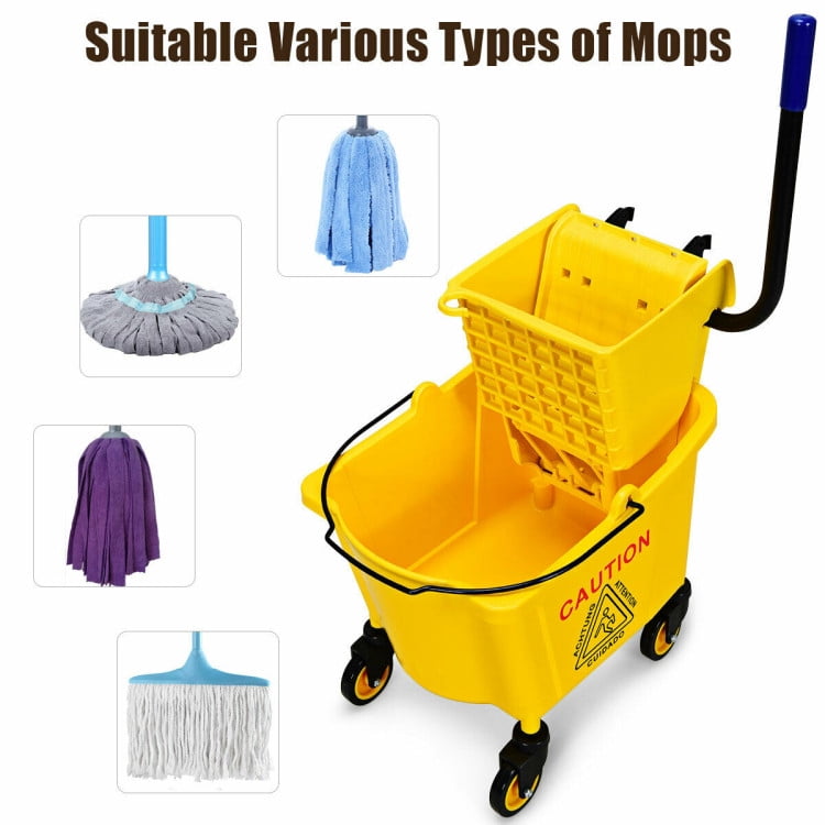 Resenkos 26 Quart Mop Bucket Side Press Wringer on Wheels With Panel, Side Press Wringer Combo Commercial Cleaning Caddy Plastic