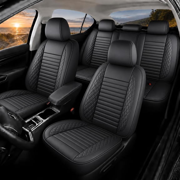 Full Set Car Seat Covers Fit for Kia Niro 2017-2024,5pcs PU Leather Car Seat Cushion Protector Waterproof&Airbag Compatible,Black