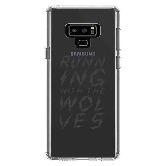 DistinctInk Clear Shockproof Hybrid Case for Samsung Galaxy Note 9 - TPU Bumper Acrylic Back Tempered Glass Screen Protector - Running With the Wolves