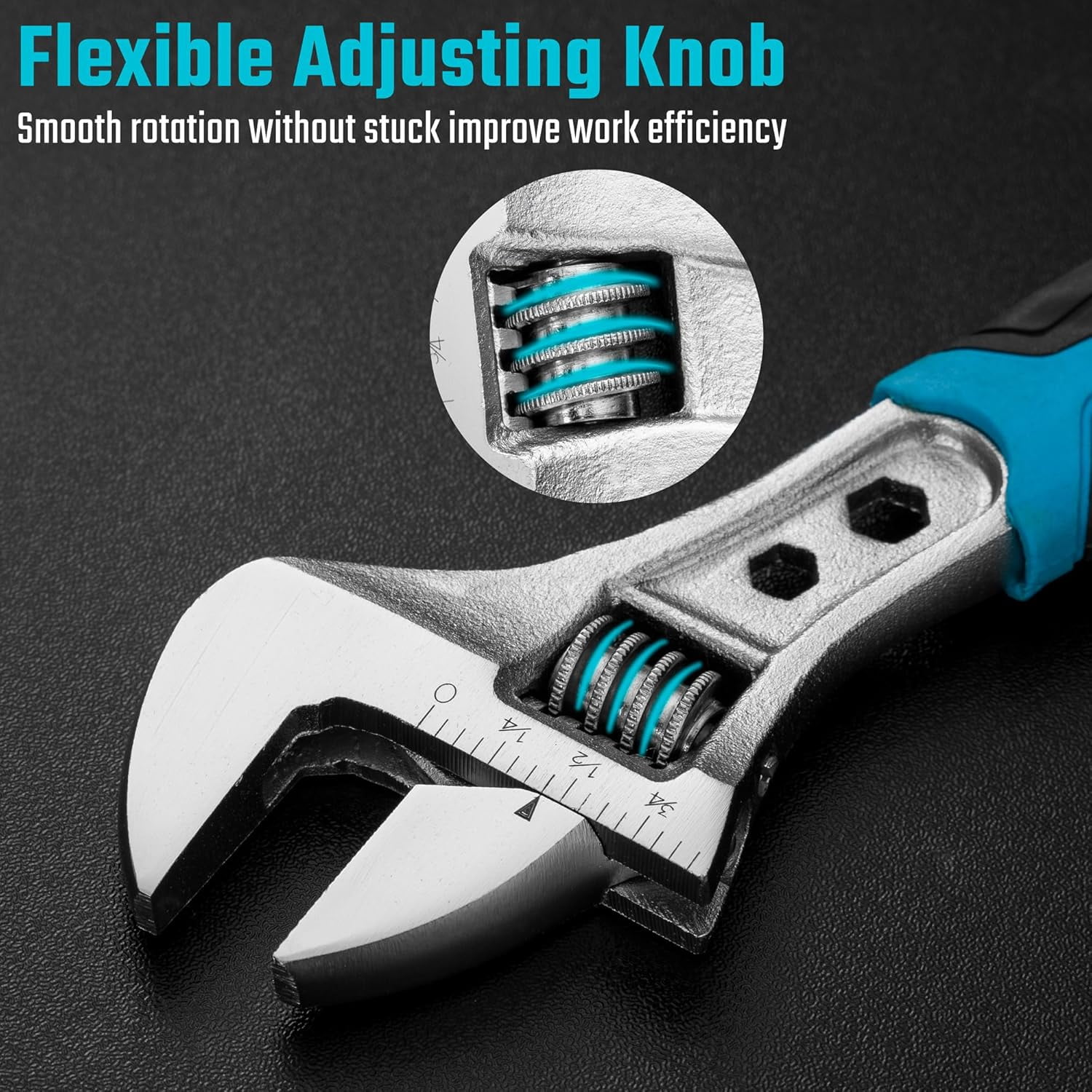 MKEUDQ-8 Inch Adjustable Wrench, 3-in-1 Spanner with Box End/Hex Function, CR-V Steel, Metric & SAE Scales, Chrome-plated, Bi-material soft Grip