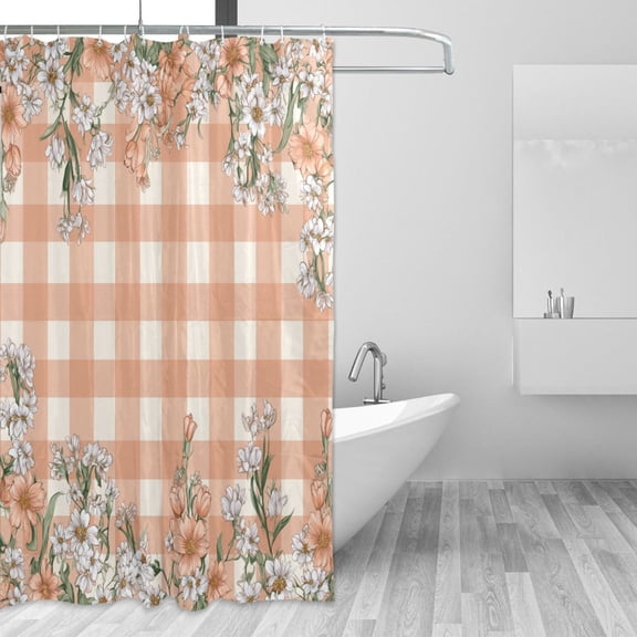 Peach Color Plaids with Blooming Flowers Shower Curtains with 12 Hooks Waterproof Bathroom Decor 66" x 72"