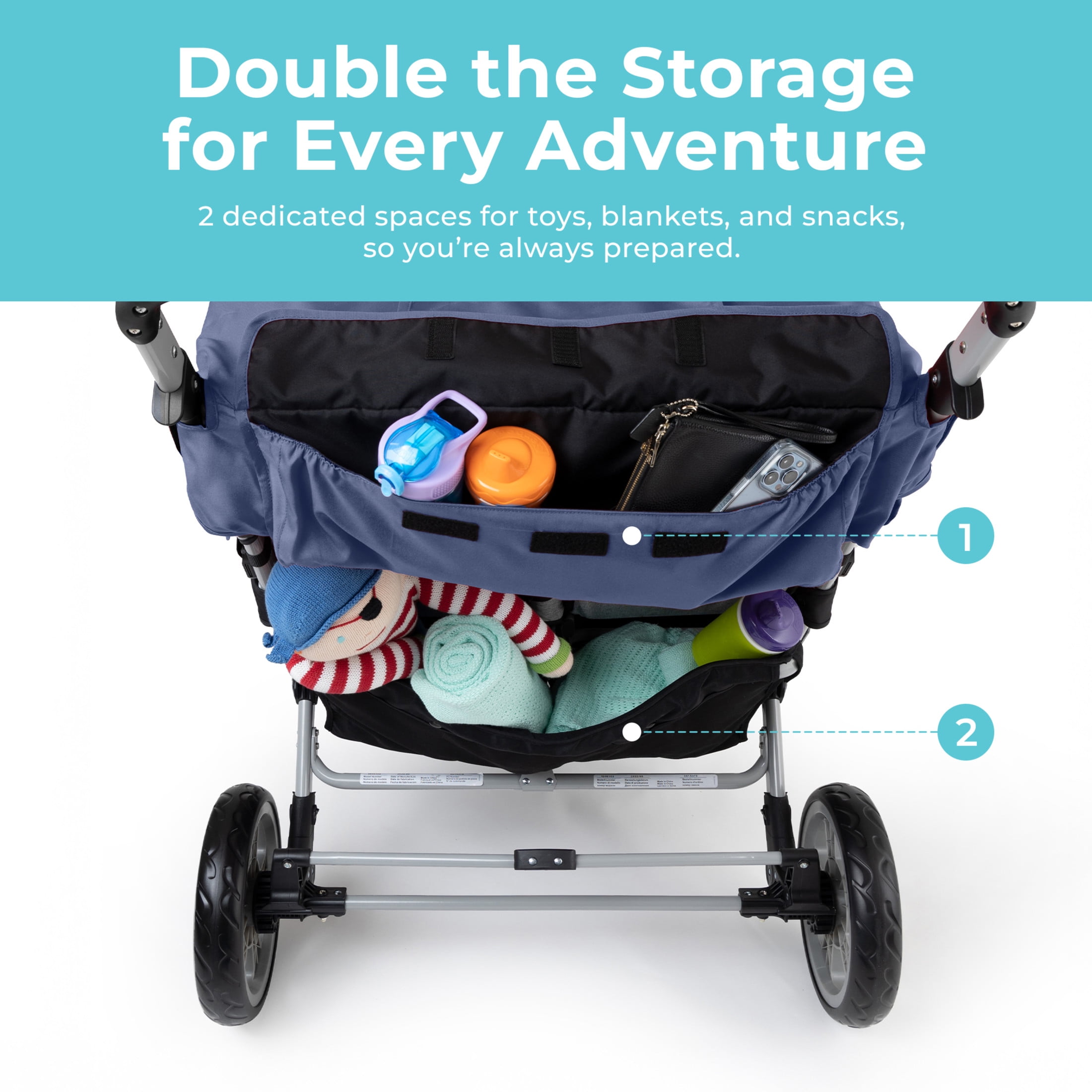 Foundations Gaggle Jamboree 6-Seat Folding Daycare Stroller with Canopies, Reclining Seats, Navy/Gray