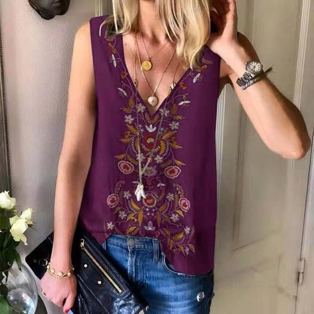 Nouveau Débardeur Vintage Imprimé Col en V pour Femmes Été Sans Manches Ample