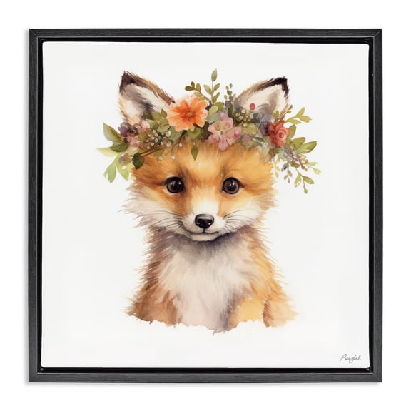 Stupell Industries Woodland Fox Flower Crown Black Framed Floater Canvas Wall Art, design by Roozbeh