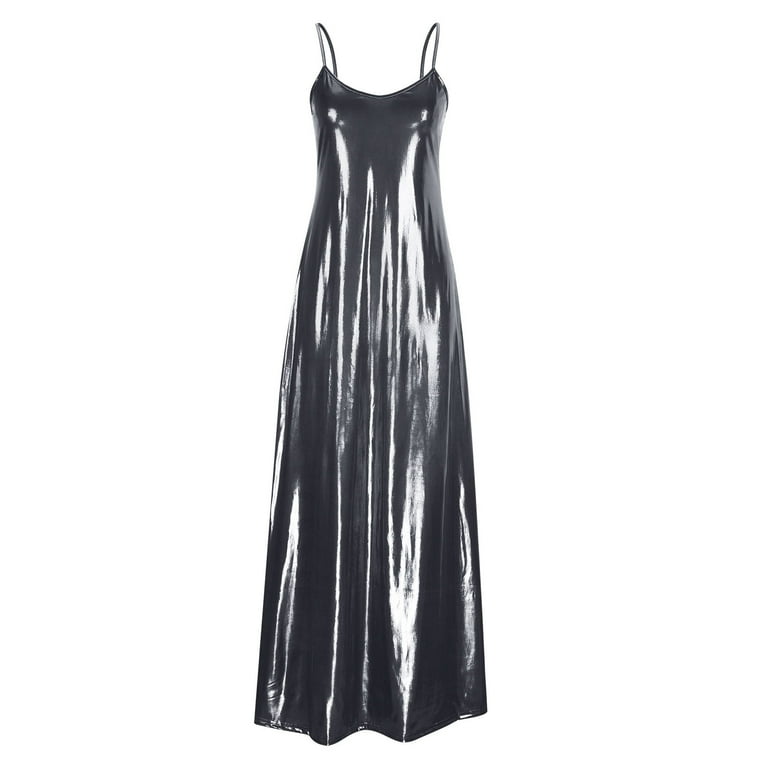 Honeeladyy Women Metallic Shimmer Slim Maxi Dress Spaghetti Strap V Neck Long  Dress Sleeveless Club Cocktail Party Dress Gray L - Walmart.com