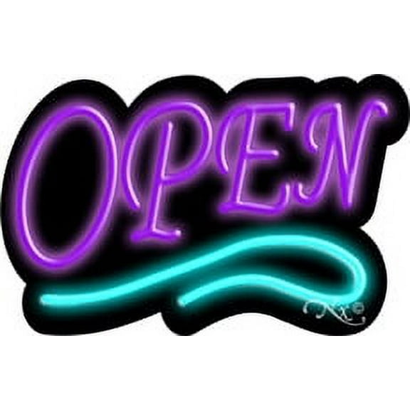 Deco Style Purple Open With Aqua Line LED Neon Sign 14" Tall x 22" Wide, Black Square Cut Acrylic Backing, with Dimmer - Bright and Premium built indoor LED Neon Sign for storefront.