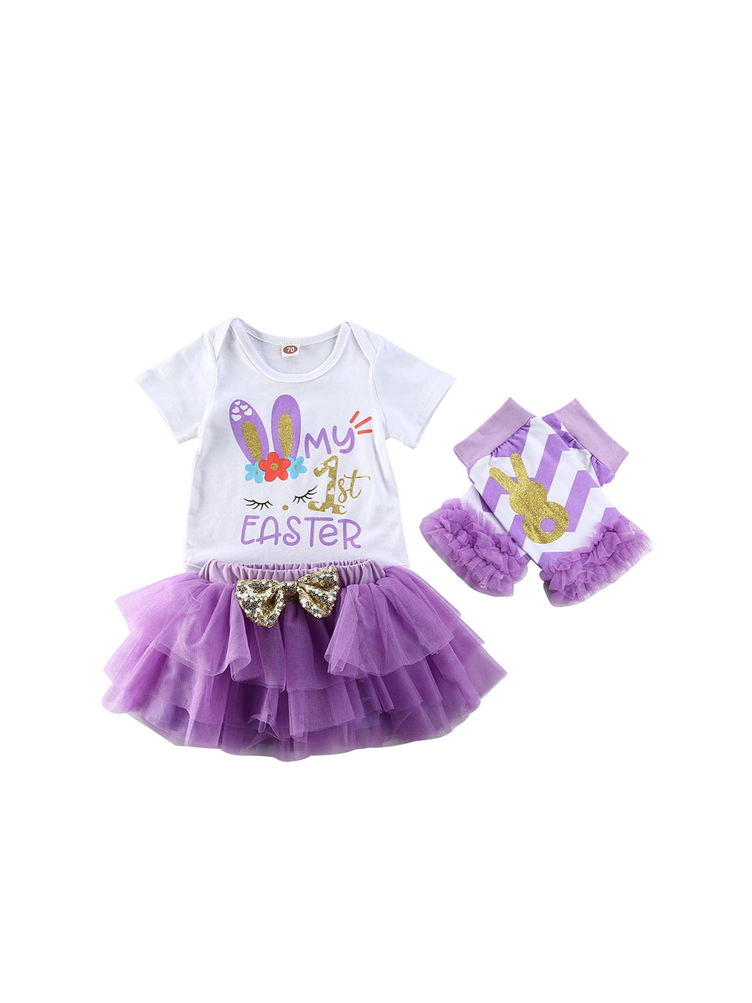 Baby Girl My First Easter Outfit Letter Romper+Pink Rabbit Skirt+Leg Warmers+Headband