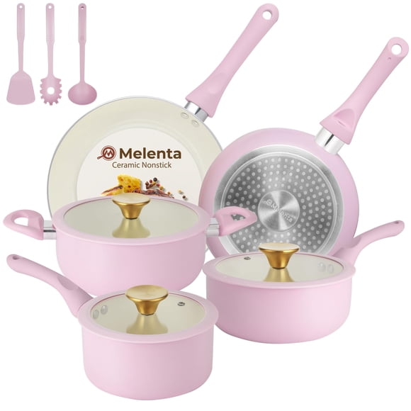 Juego de utensilios de cocina M MELENTA, cerámica antiadherente, color rosa, 11 piezas
