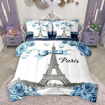 Homewish Romance Paris 7 Pieces Bedding Comforter Set,Eiffel Tower Full Bedding Set,Blue White Fitted Sheet Flat Sheet For Girls Kids,Microfiber Bedroom Decor Reversible
