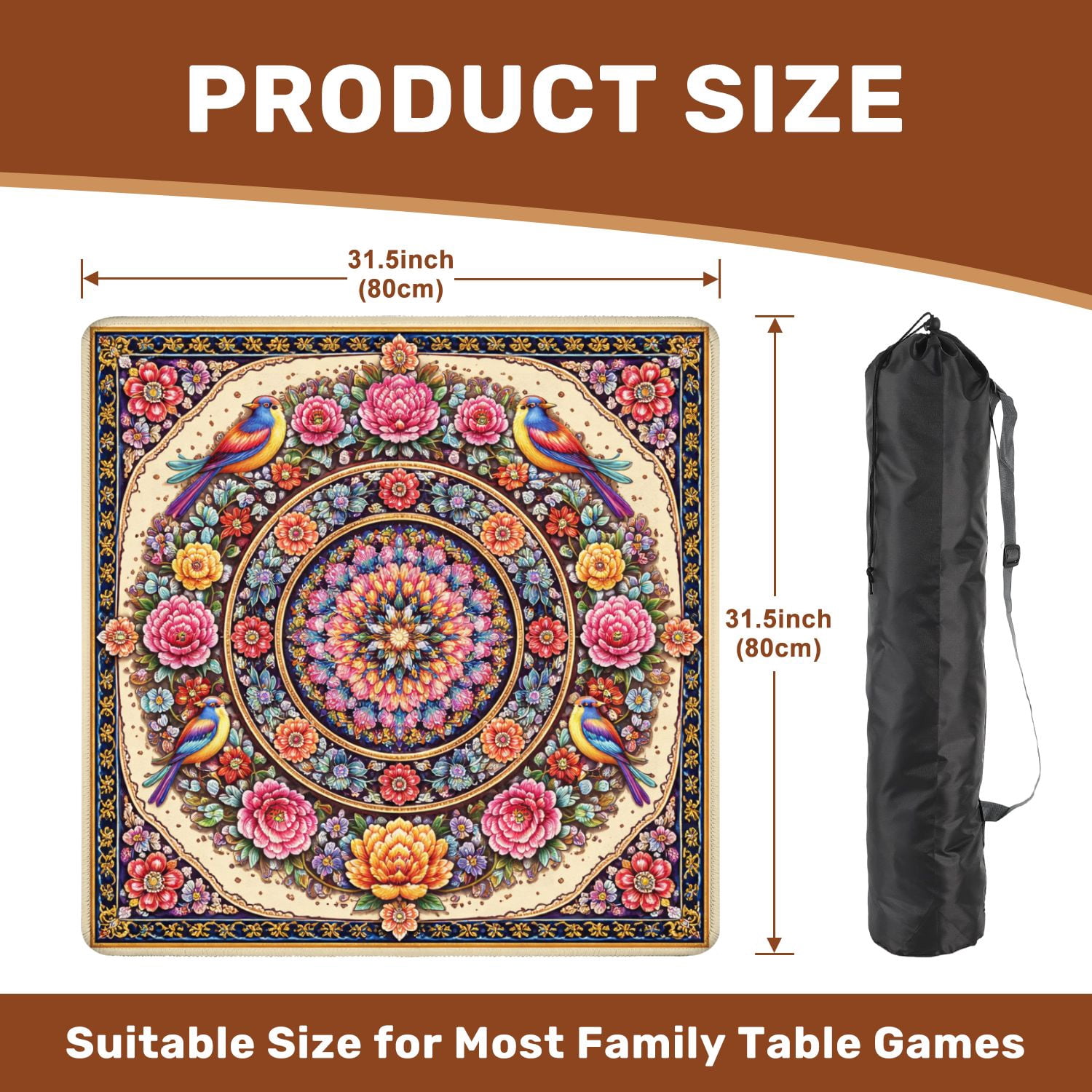 Mahjong Mat 31.5" x 31.5" Colorful Floral Bird Mandala Vibrant Design Elements Non-Slip Noise Reduction Mahjong Tiles Table Cover for Dominoes Poker Card Board and Tile Games
