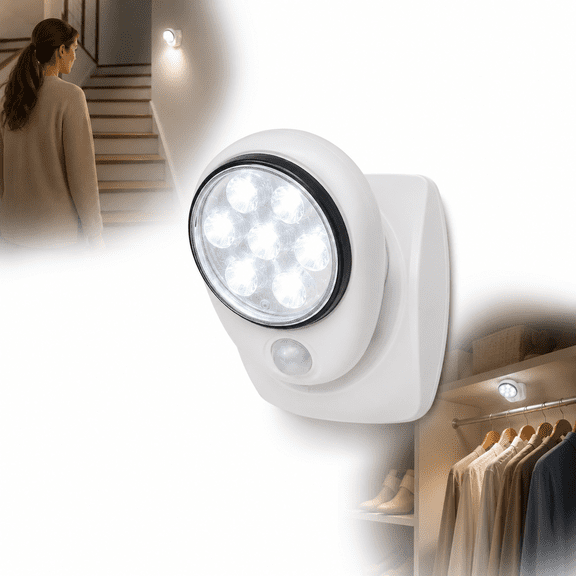 Battery Operated Motion Sensor LED Light, Wireless Rotatable Indoor Security Light for Closet Hallway Stairs Garage Basement, 4 AA Battery Powered, White