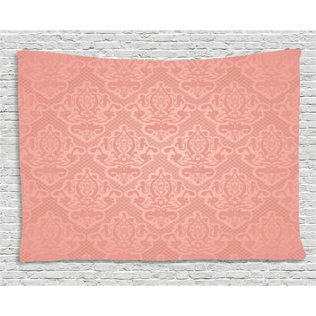 Coral Wall Hanging Peach Tapestry, Lace Style Background with Antique Wedding Inspiration Motifs Ornamental Vintage Design, Wall Hanging for Bedroom Living Room Dorm Decor, 80W X 60L Inches, Coral, by Ambesonne ()