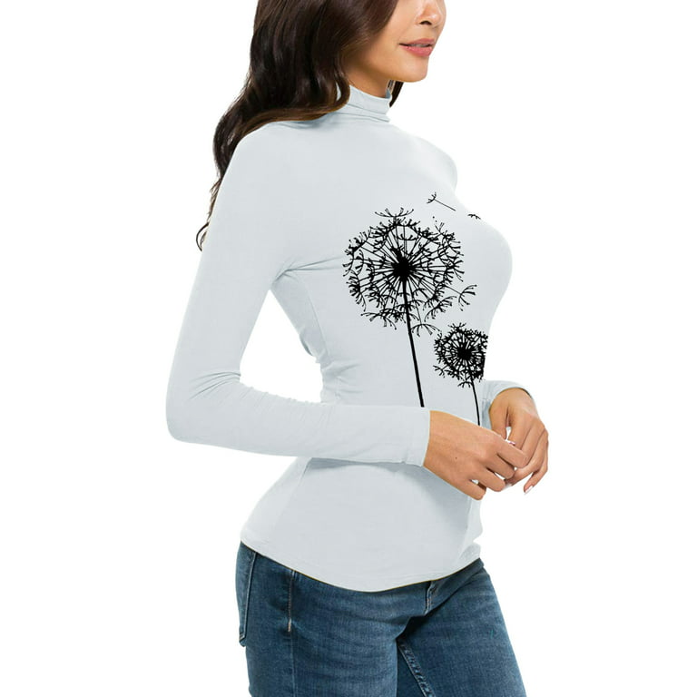 Graphic Print Long Sleeve Tops for Women Fashion Turtleneck Cozy