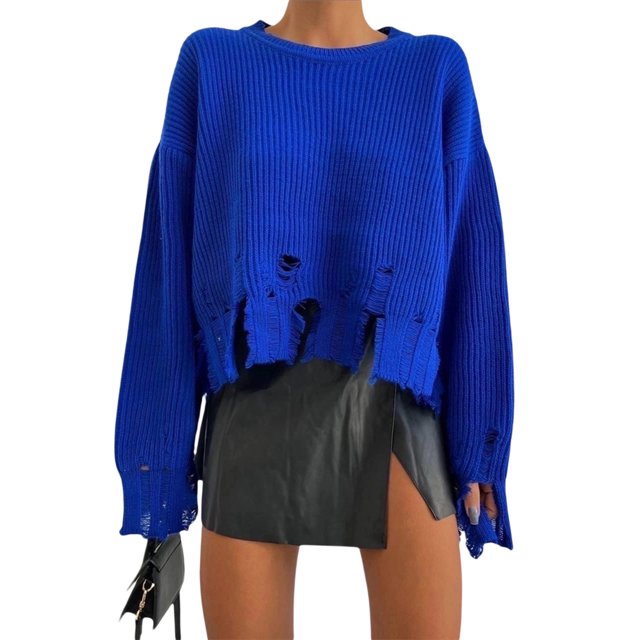 xiaxaixu Women’s Ripped Sweaters, Long Sleeve Round Neck Solid Color Loose Knit Jumper Tops