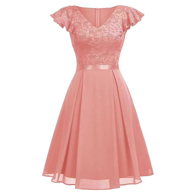 knee length lace overlay dress DailyTrove Women's Short Sleeve Lace Dress-A-Line-Knee-Length-Polyester Blend-for Wedding Guest/Party-Elegant Lace Overlay