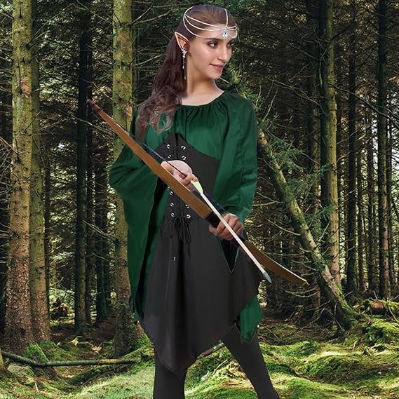 Yansion 6Pcs Women Elf Costume Medieval Renaissance Dress Traditional Irish Fairy Costume Elf Ear for Halloween Cosplay