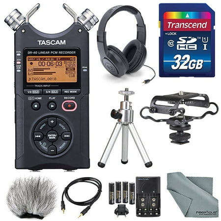 Tascam DR-40 4-Track Handheld Digital Audio Recorder with Microphone Shockmount, Dedicated Windscreen, along with Platinum Accessory Bundle Fibertique Cleaning cloth