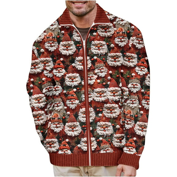 SERTG Men Christmas Tops Fashion Christmas Print Hoodless Casual Coat Holiday Lapel Collar Zip Shirt Long Sleeve Cardigan Pullover(Red,XL)
