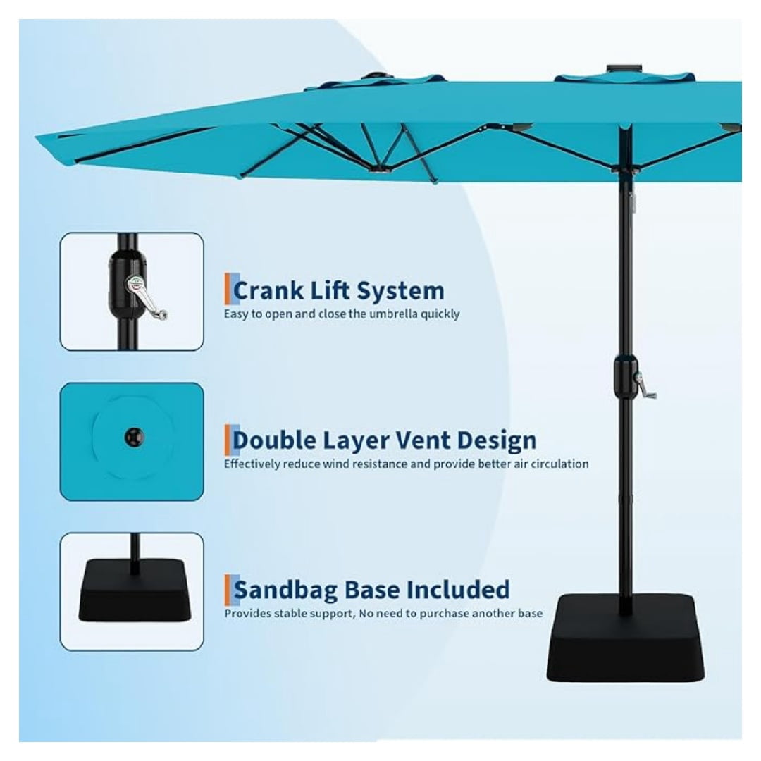 Heavy Duty 15FT Patio Umbrella with Weighted Base - Double-Sided Sun Shade for Outdoor Dining, Poolside, Backyard (Crank Handle, UV Blocking Fits 2-8 People)