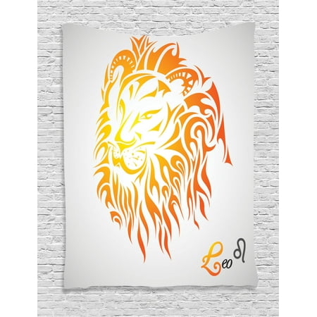 Astrology Tapestry, Leo Zodiac Sign on Plain Background Sun Mystic Lion King Self Power Universe Theme, Wall Hanging for Bedroom Living Room Dorm Decor, Orange, by